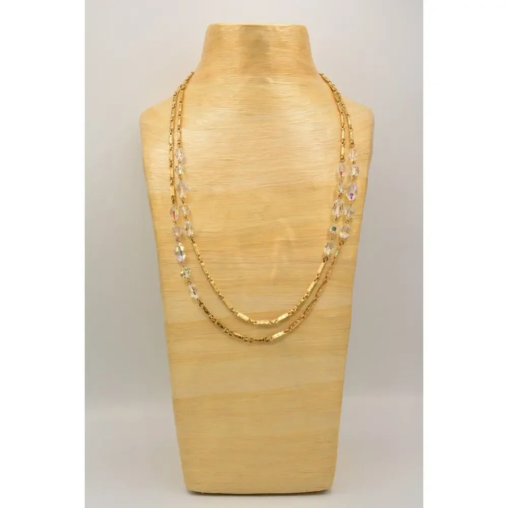 Vintage Crystal Necklace Gold Tone Chain Aurora Borealis Glass Long Sparkling 9J